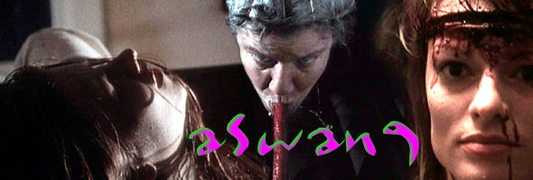 A still from the 1994 Aswang movie.  An aswang is shown in the center with its long tongue, while the lead actress is shown in pleasure on the left and bloodied on the right.